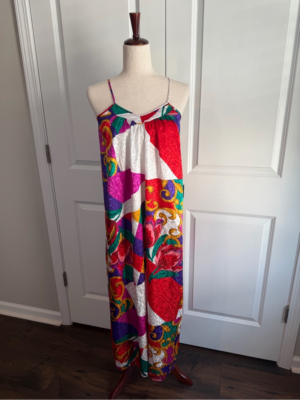Vintage Mary McFadden Designer Colorful Satin Silk Slip Maxi Dress Size P/XS